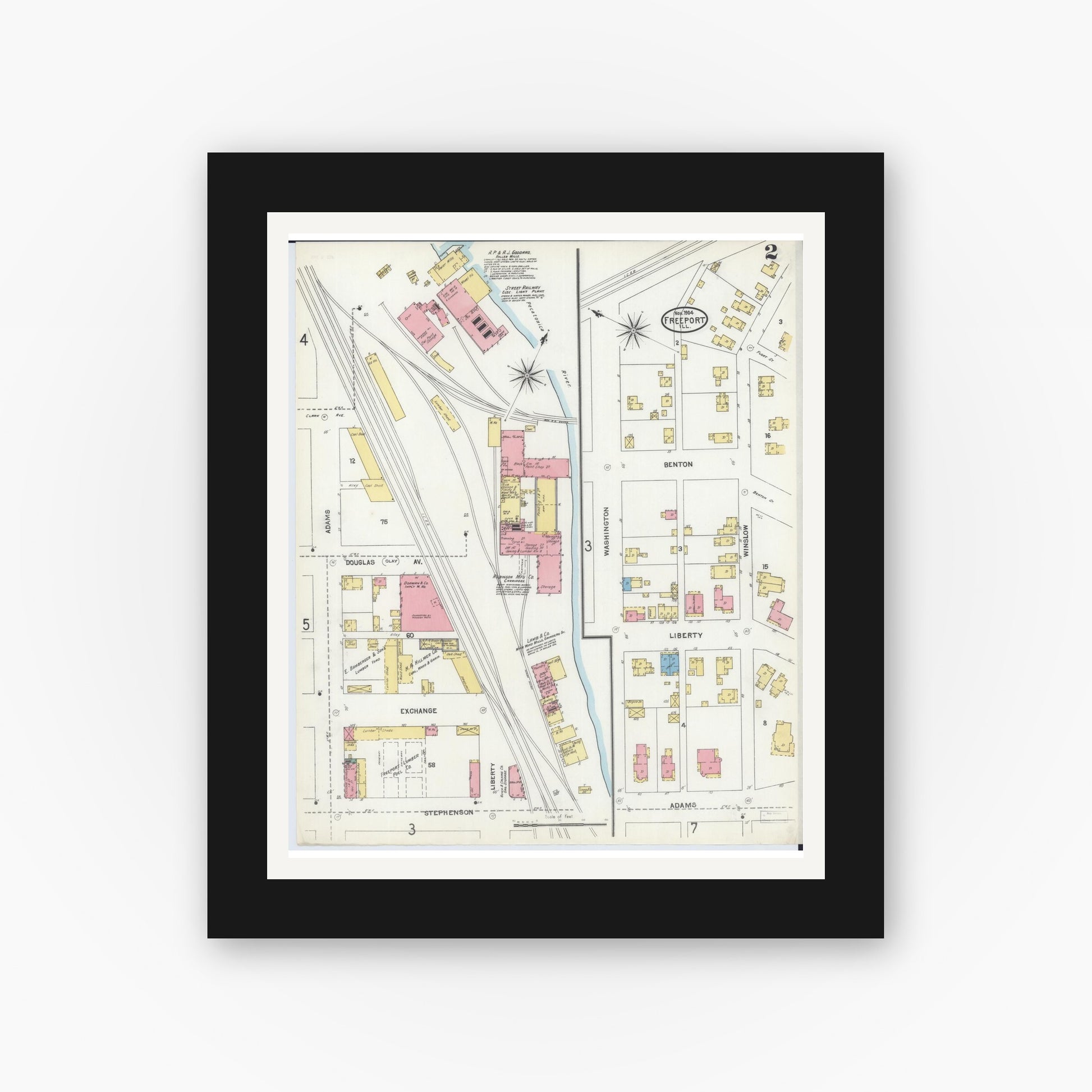 Old map wall art mockup — black gallery frame with white mat — Sanborn Fire Insurance Map from Freeport, Stephenson County, Illinois (1904), Sheet #0002