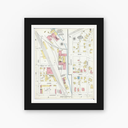 Old map wall art mockup — black gallery frame with white mat — Sanborn Fire Insurance Map from Freeport, Stephenson County, Illinois (1904), Sheet #0002