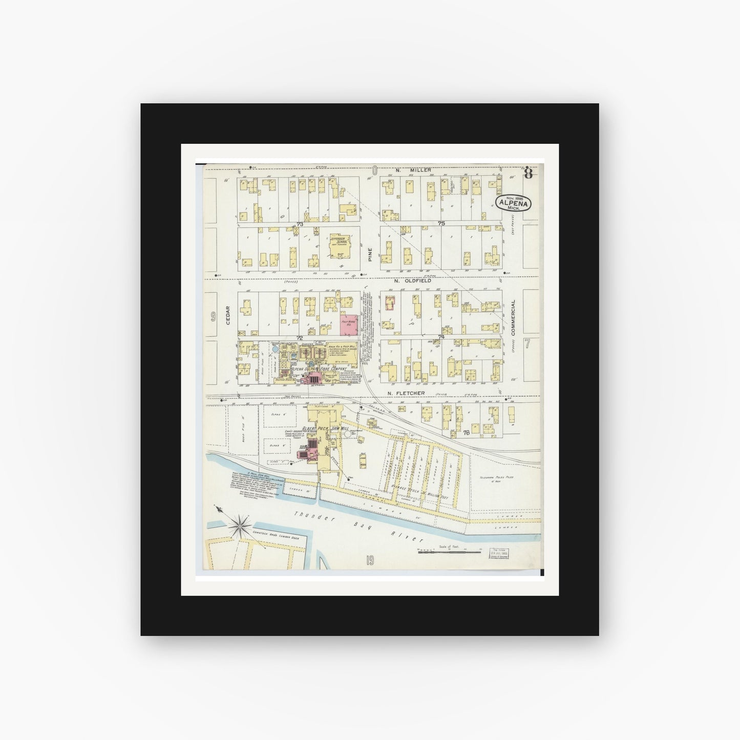 Old map wall art mockup — black gallery frame with white mat — Sanborn Fire Insurance Map from Alpena, Alpena County, Michigan (1895), Sheet #0008