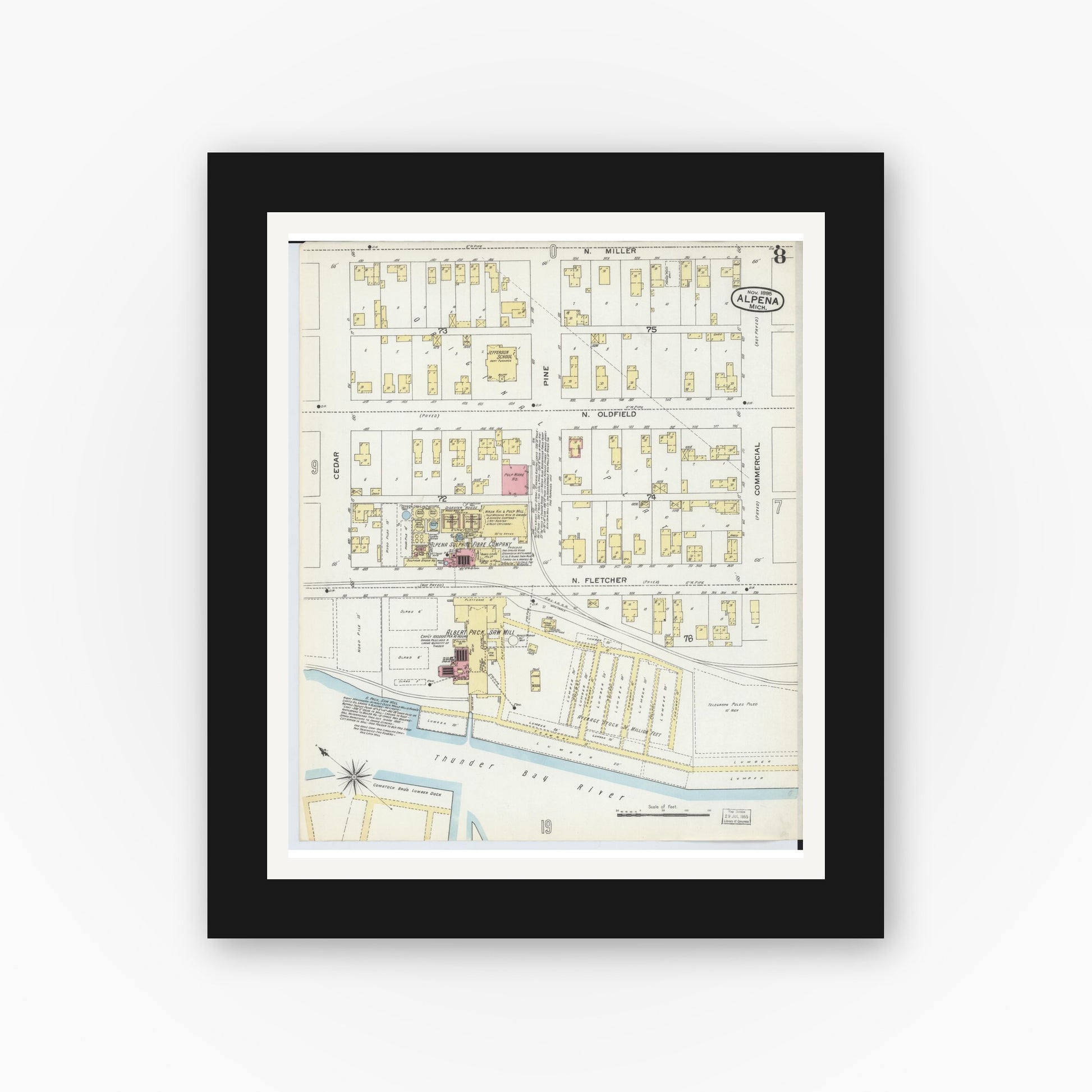 Old map wall art mockup — black gallery frame with white mat — Sanborn Fire Insurance Map from Alpena, Alpena County, Michigan (1895), Sheet #0008