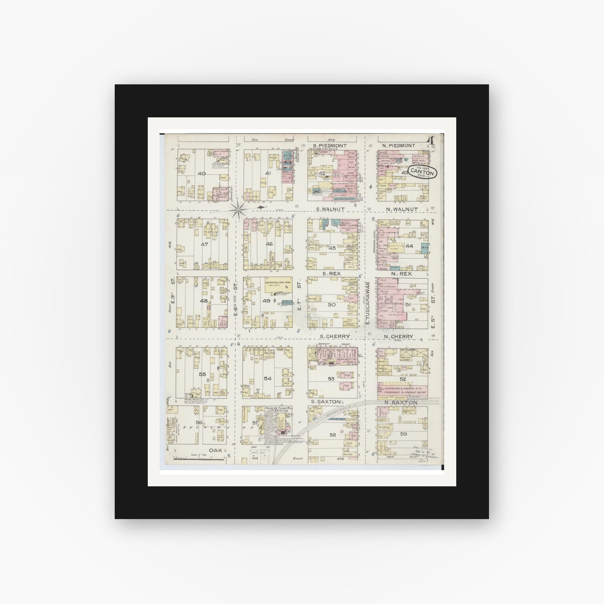 Old map wall art mockup — black gallery frame with white mat — Sanborn Fire Insurance Map from Canton, Stark County, Ohio (1887), Sheet #0004