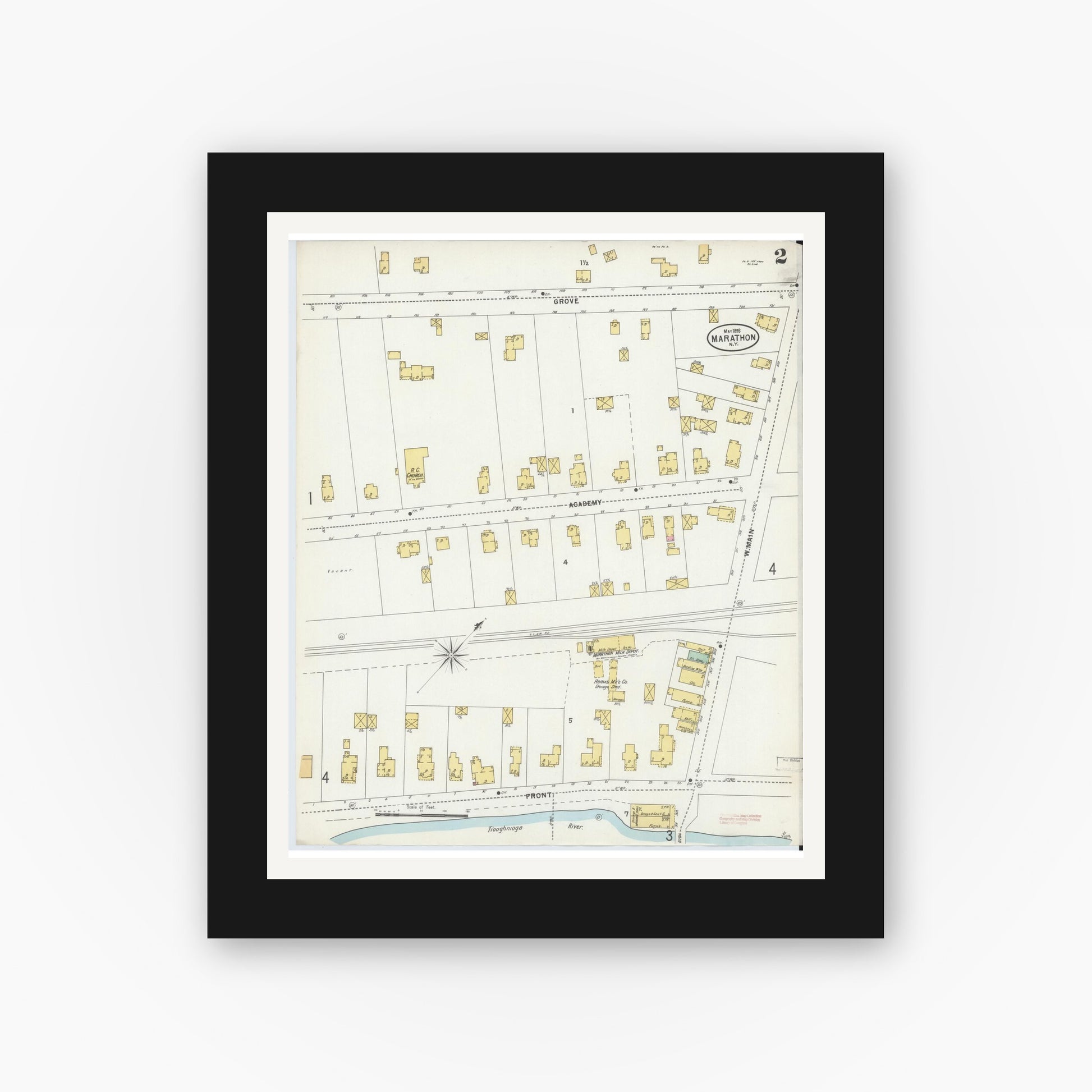 Old map wall art mockup — black gallery frame with white mat — Sanborn Fire Insurance Map from Marathon, Cortland County, New York (1898), Sheet #0002