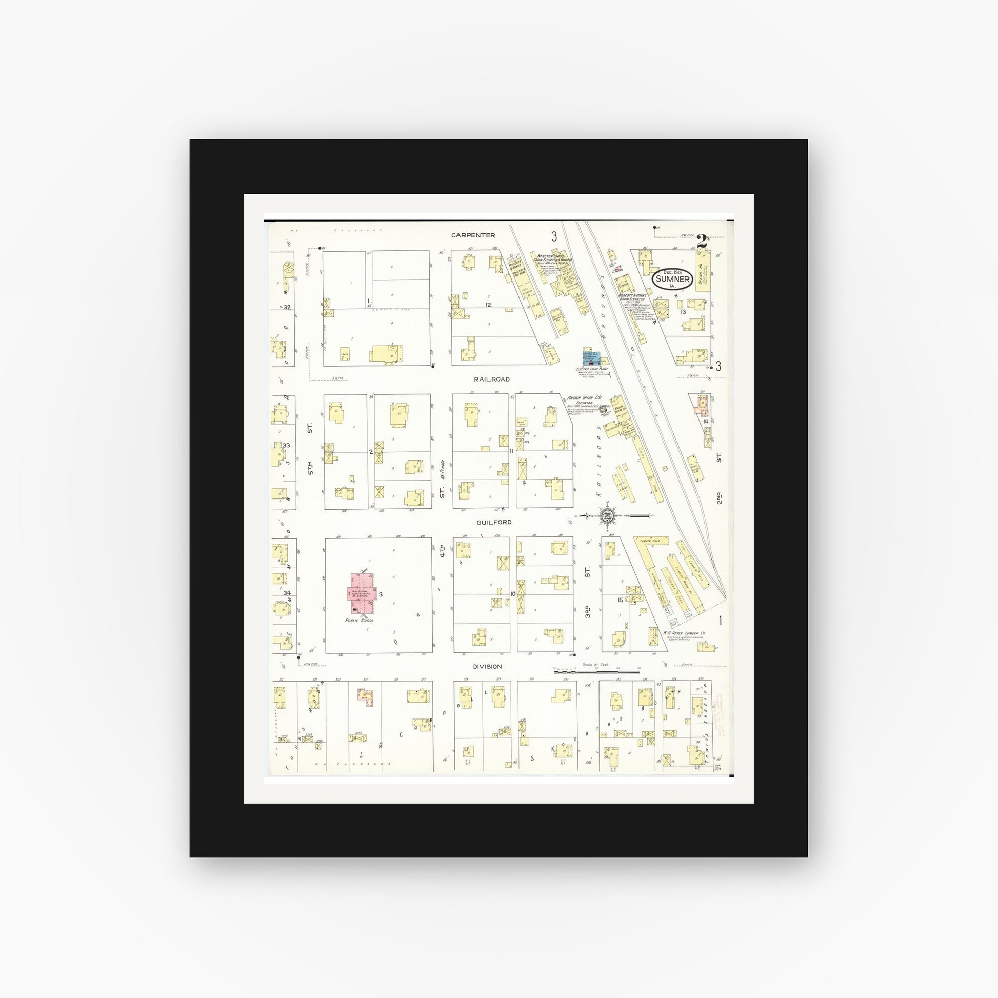 Old map wall art mockup — black gallery frame with white mat — Sanborn Fire Insurance Map from Sumner, Bremer County, Iowa (1913), Sheet #0002