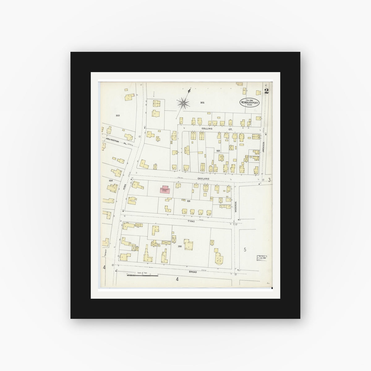 Old map wall art mockup — black gallery frame with white mat — Sanborn Fire Insurance Map from Newburyport, Essex County, Massachusetts (1906), Sheet #0002
