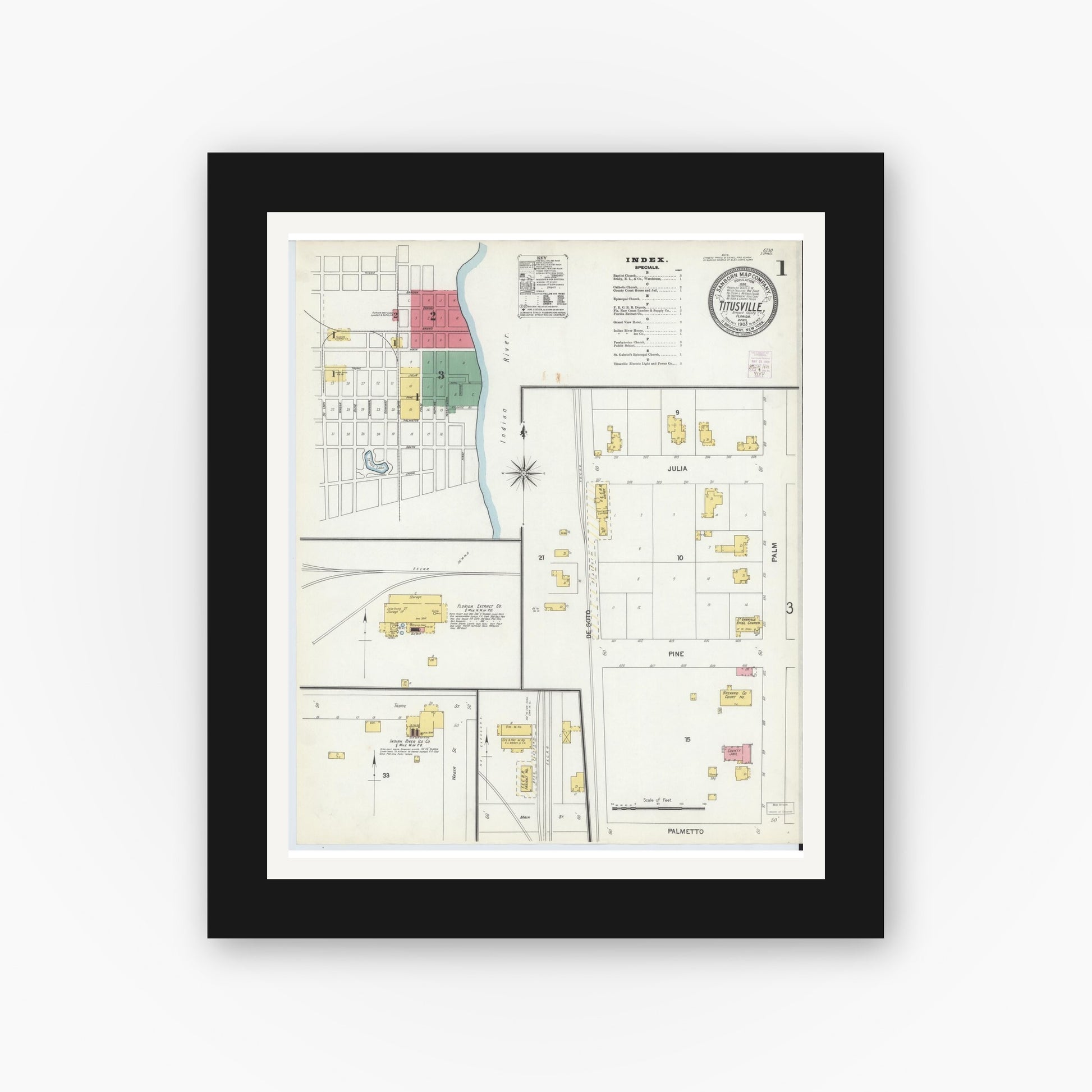 Old map wall art mockup — black gallery frame with white mat — Sanborn Fire Insurance Map from Titusville, Brevard County, Florida (1903) - Complete Map Set