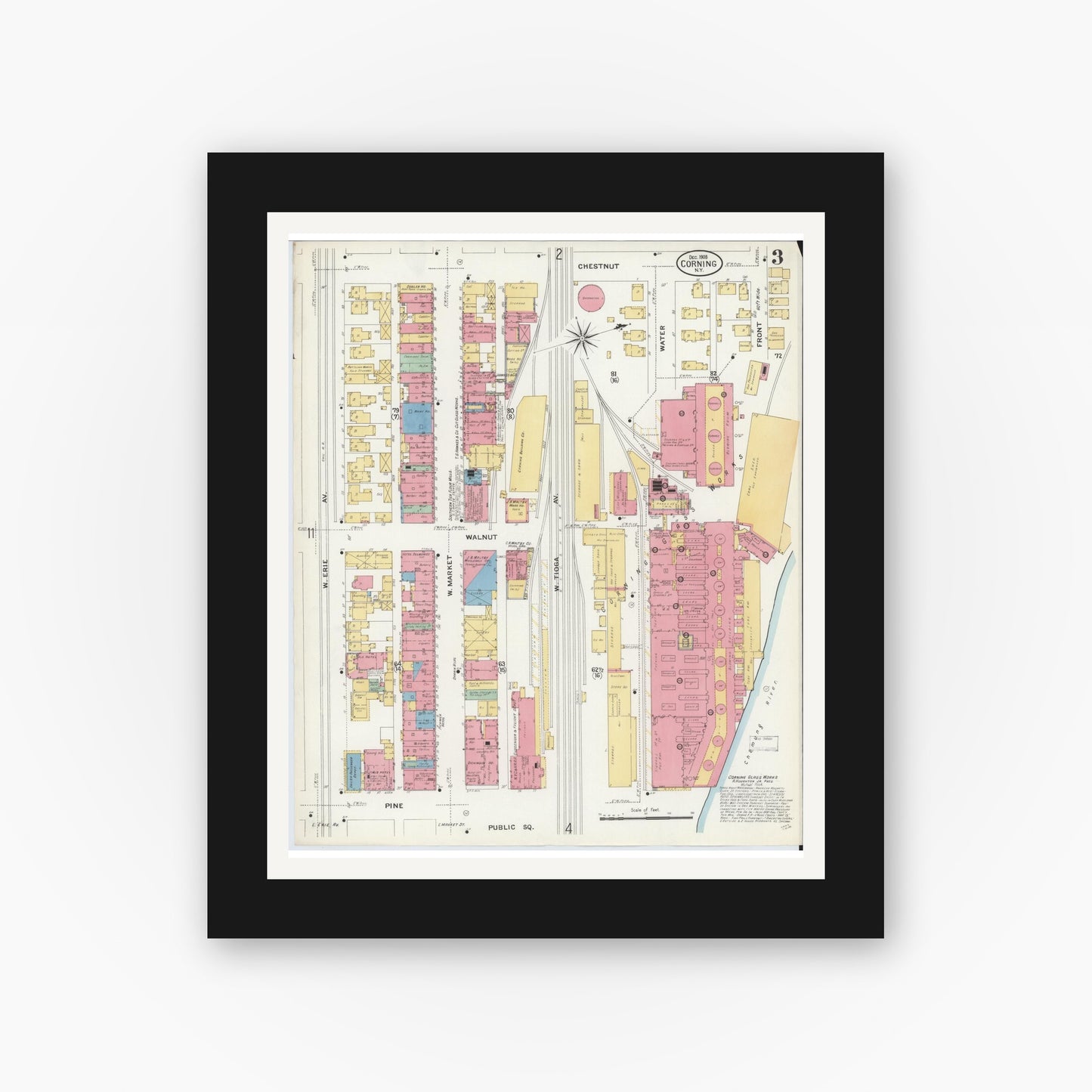 Old map wall art mockup — black gallery frame with white mat — Sanborn Fire Insurance Map from Corning, Steuben County, New York (1908), Sheet #0003