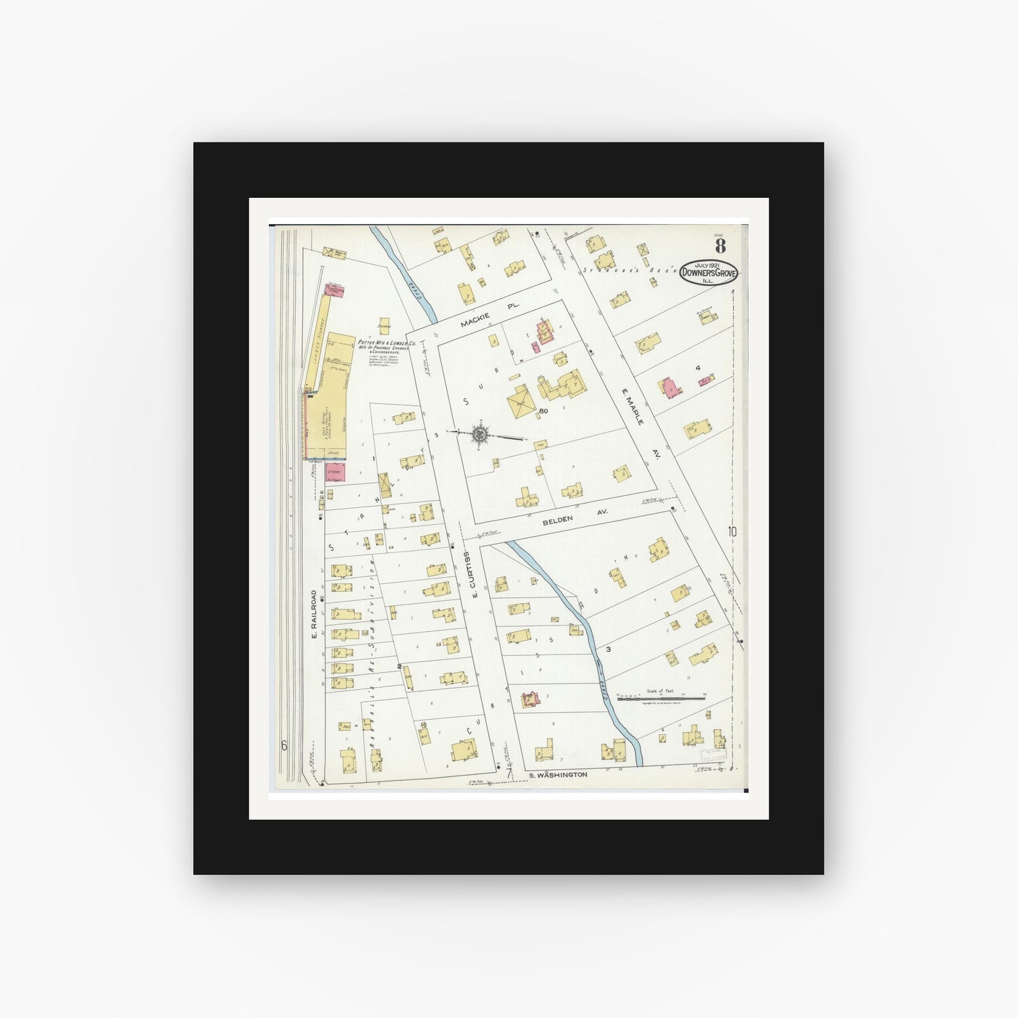 Old map wall art mockup — black gallery frame with white mat — Sanborn Fire Insurance Map from Downers Grove, Dupage County, Illinois (1921), Sheet #0008