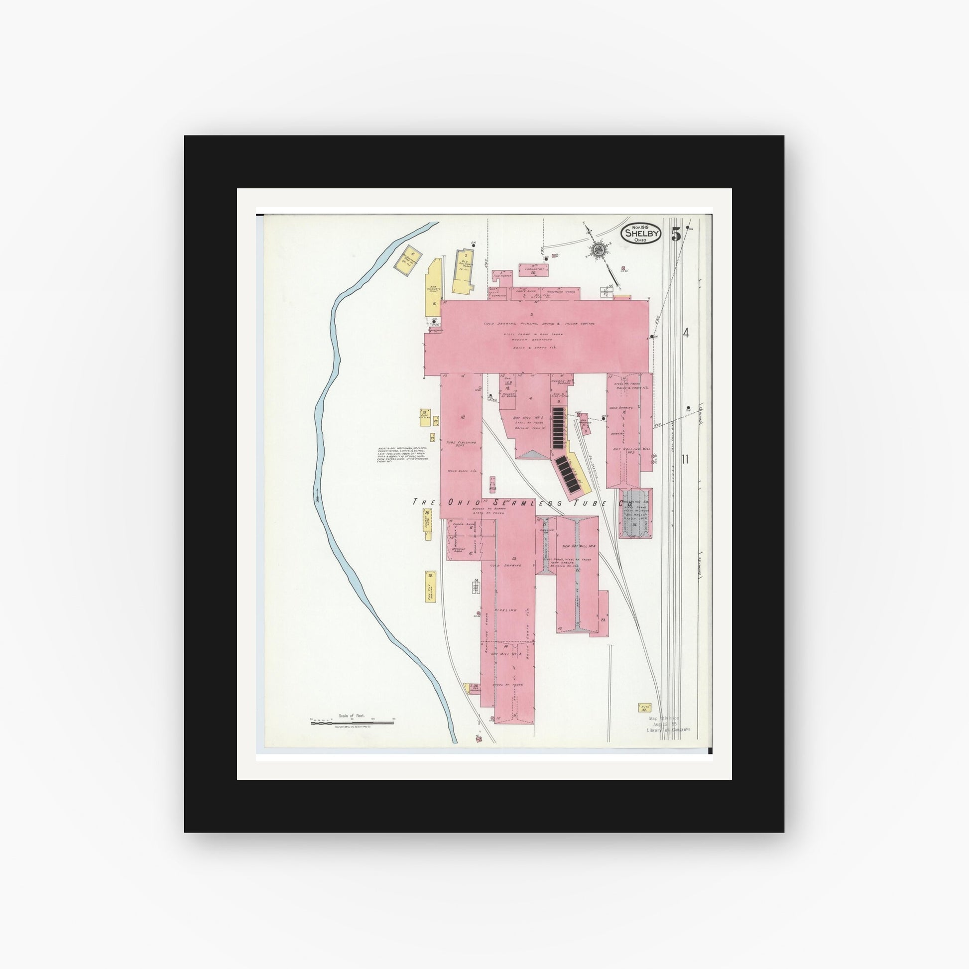 Old map wall art mockup — black gallery frame with white mat — Sanborn Fire Insurance Map from Shelby, Richland County, Ohio (1919), Sheet #0005