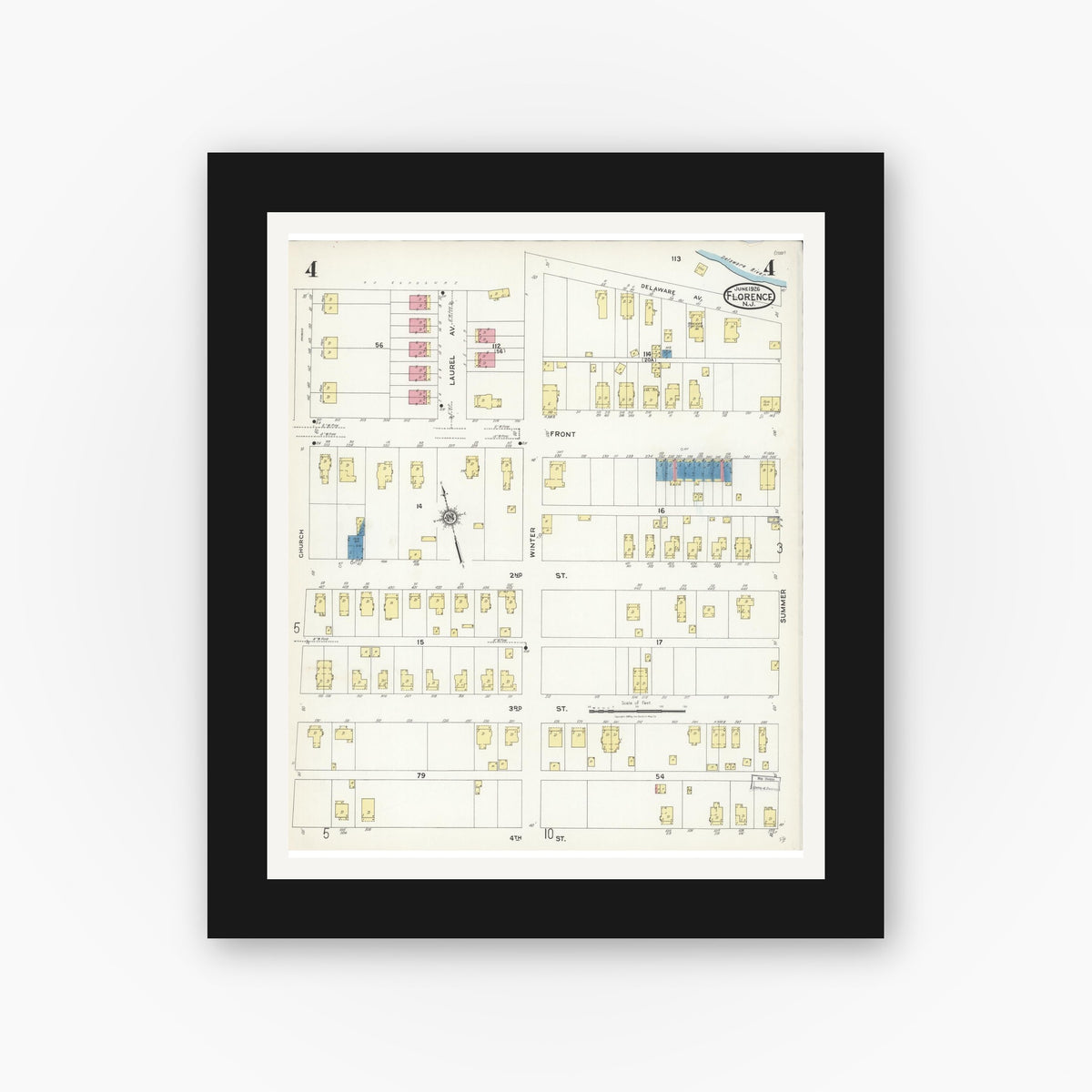 Old map wall art mockup — black gallery frame with white mat — Sanborn Fire Insurance Map from Florence, Burlington County, New Jersey (1926), Sheet #0004
