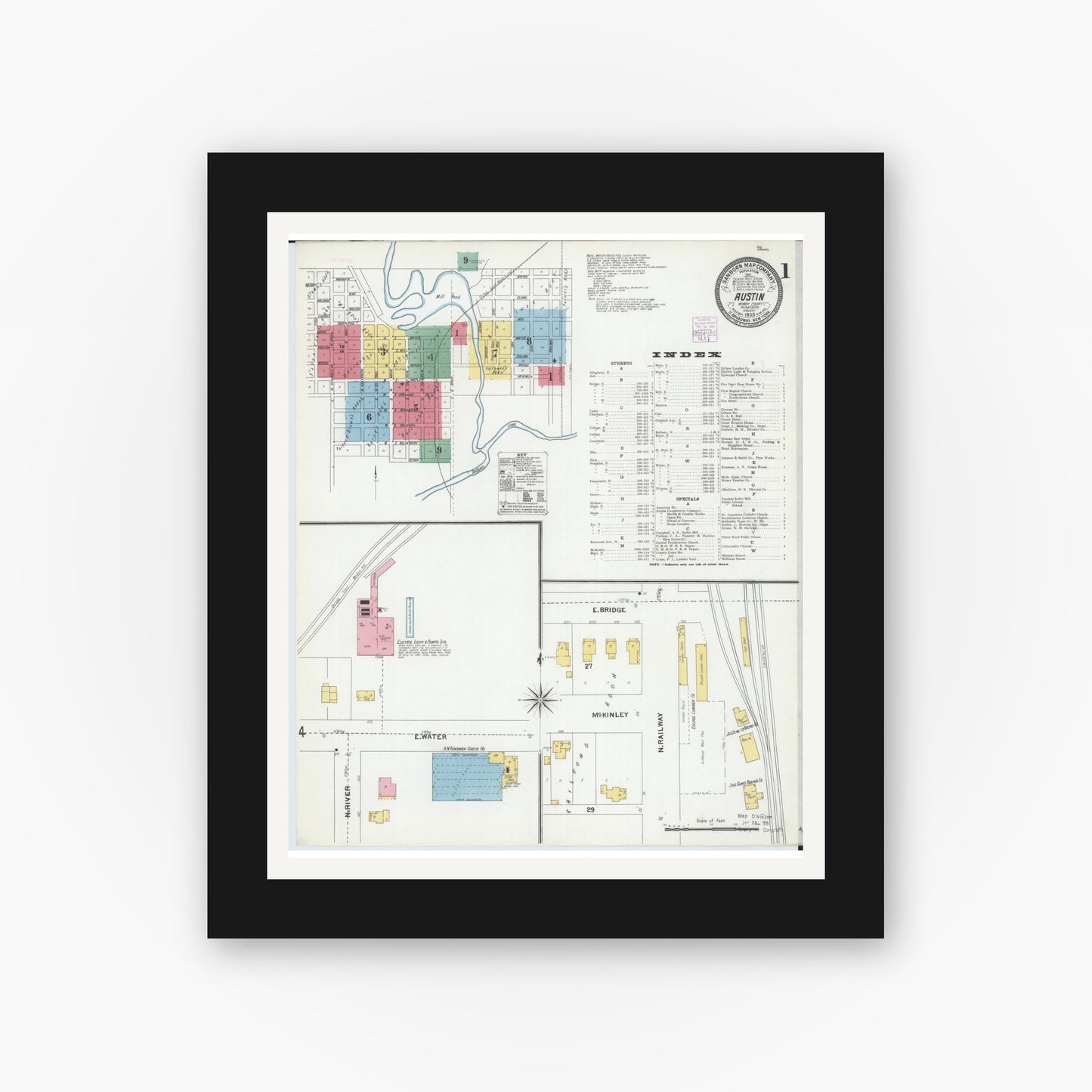 Old map wall art mockup — black gallery frame with white mat — Sanborn Fire Insurance Map from Austin, Mower County, Minnesota (1905), Sheet #0001
