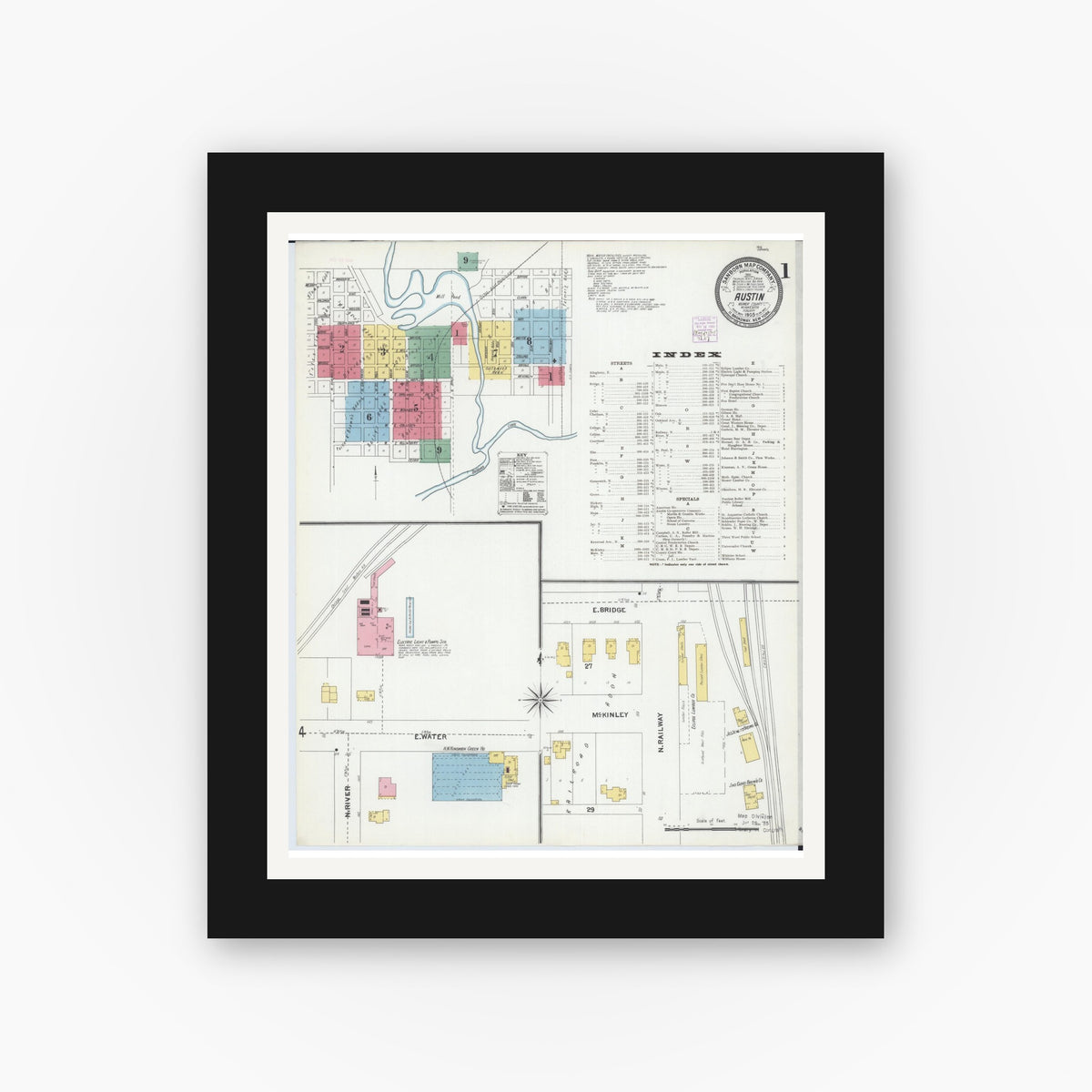 Old map wall art mockup — black gallery frame with white mat — Sanborn Fire Insurance Map from Austin, Mower County, Minnesota (1905), Sheet #0001