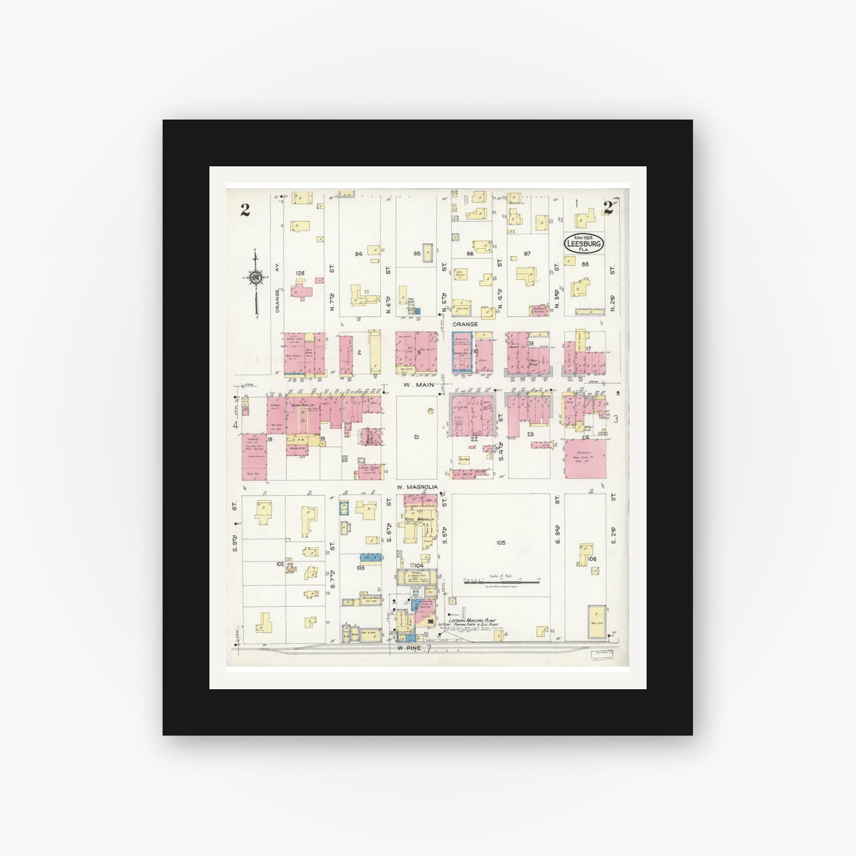 Old map wall art mockup — black gallery frame with white mat — Sanborn Fire Insurance Map from Leesburg, Lake County, Florida (1924), Sheet #0002