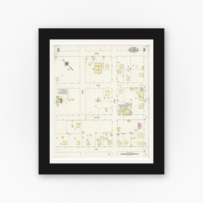 Old map wall art mockup — black gallery frame with white mat — Sanborn Fire Insurance Map from Caldwell, Burleson County, Texas (1925), Sheet #0002