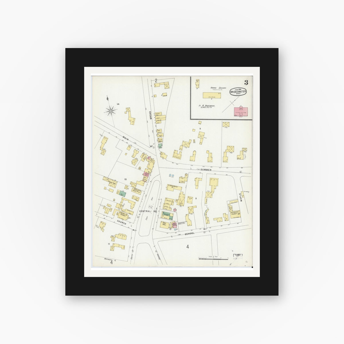 Old map wall art mockup — black gallery frame with white mat — Sanborn Fire Insurance Map from Bridgewater, Plymouth County, Massachusetts (1896), Sheet #0003
