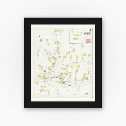 Old map wall art mockup — black gallery frame with white mat — Sanborn Fire Insurance Map from Bridgewater, Plymouth County, Massachusetts (1896), Sheet #0003