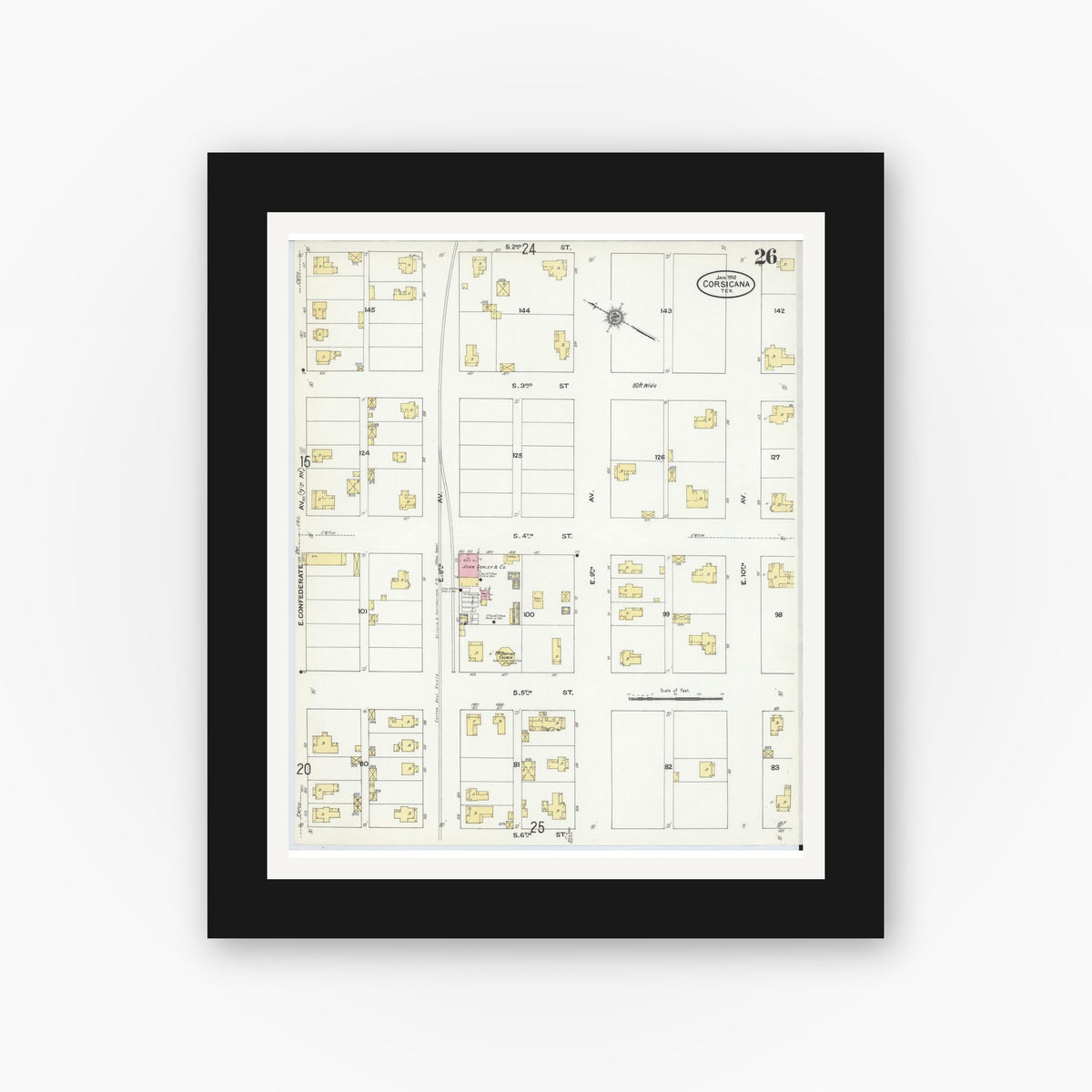Old map wall art mockup — black gallery frame with white mat — Sanborn Map from Corsicana, Navarro County, Texas (1910), Sheet #0026
