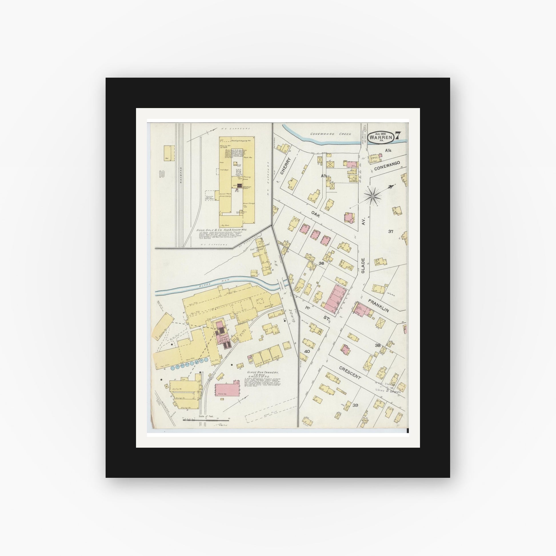 Old map wall art mockup — black gallery frame with white mat — Sanborn Fire Insurance Map from Warren, Warren County, Pennsylvania (1892), Sheet #0007