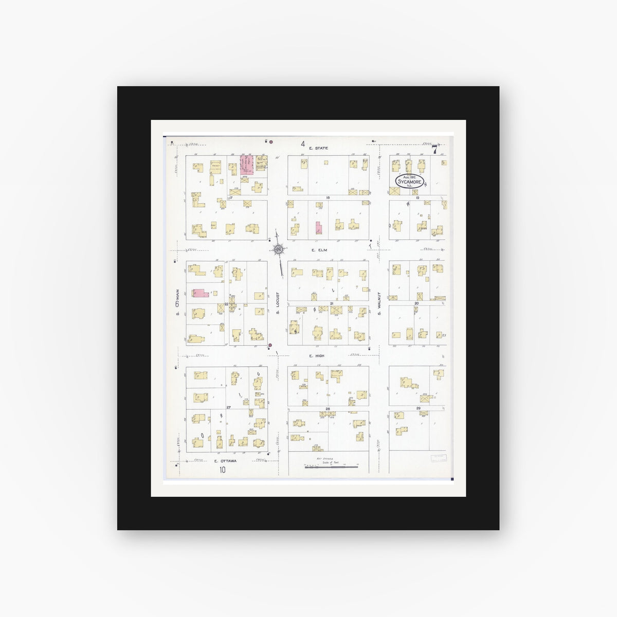 Old map wall art mockup — black gallery frame with white mat — Sanborn Fire Insurance Map from Sycamore, De Kalb County, Illinois (1912), Sheet #0007