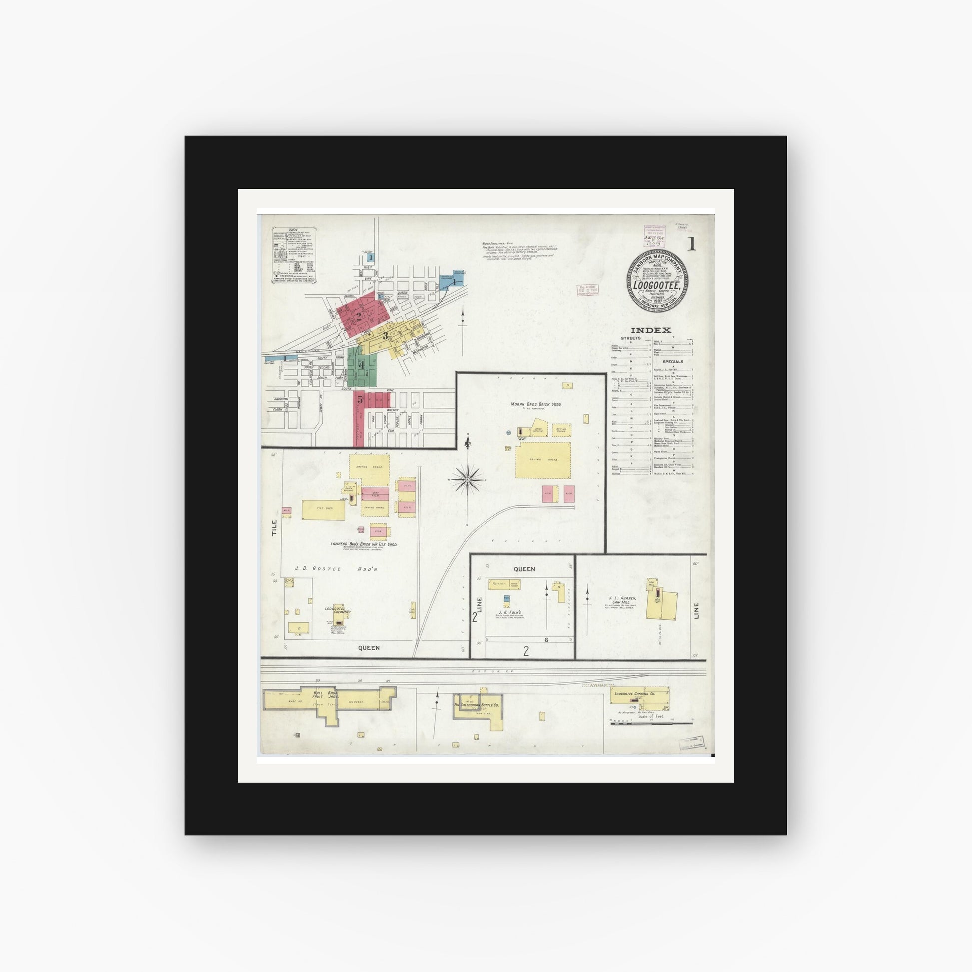 Old map wall art mockup — black gallery frame with white mat — Sanborn Fire Insurance Map from Loogootee, Martin County, Indiana (1907), Sheet #0001