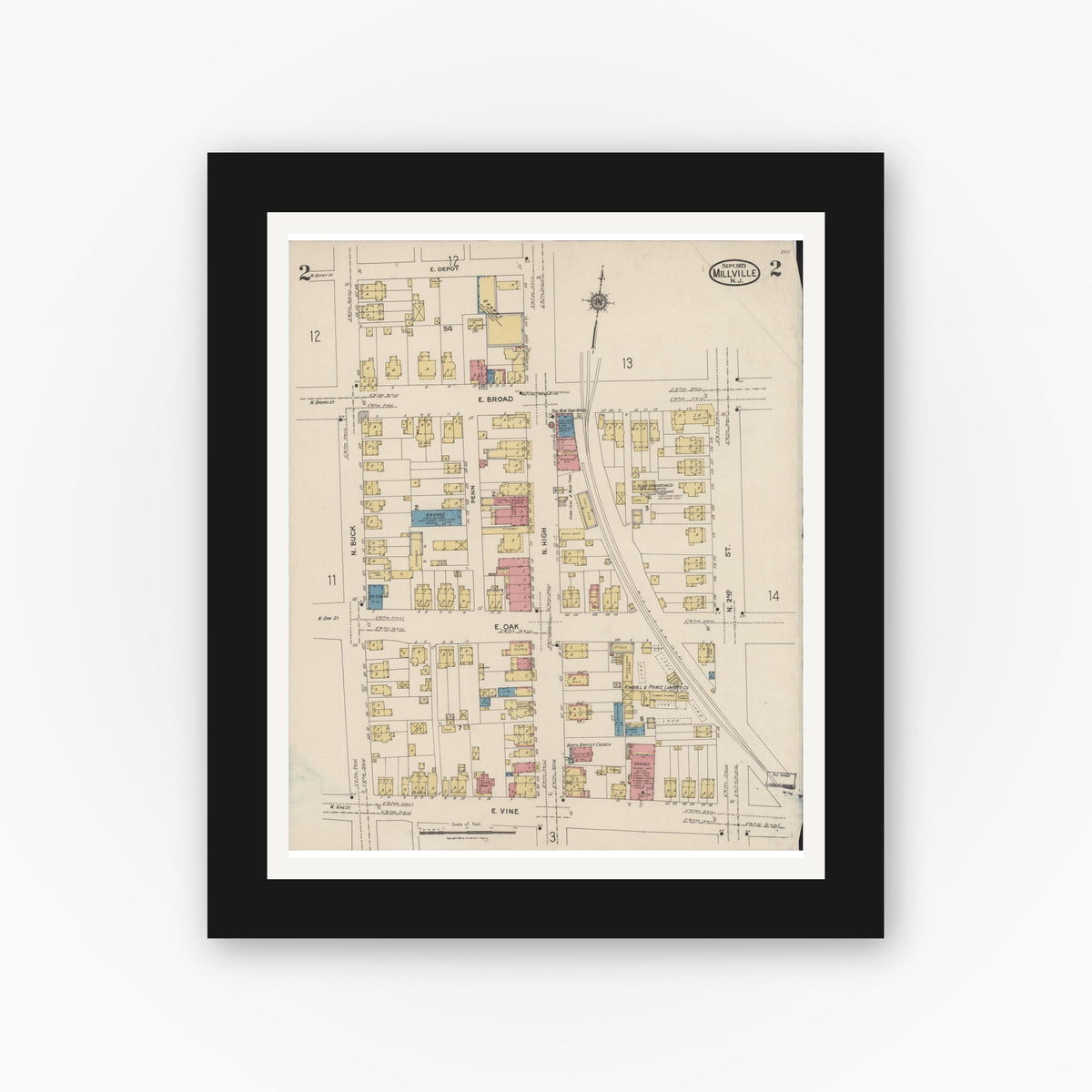 Old map wall art mockup — black gallery frame with white mat — Sanborn Fire Insurance Map from Millville, Cumberland County, New Jersey (1923), Sheet #0002