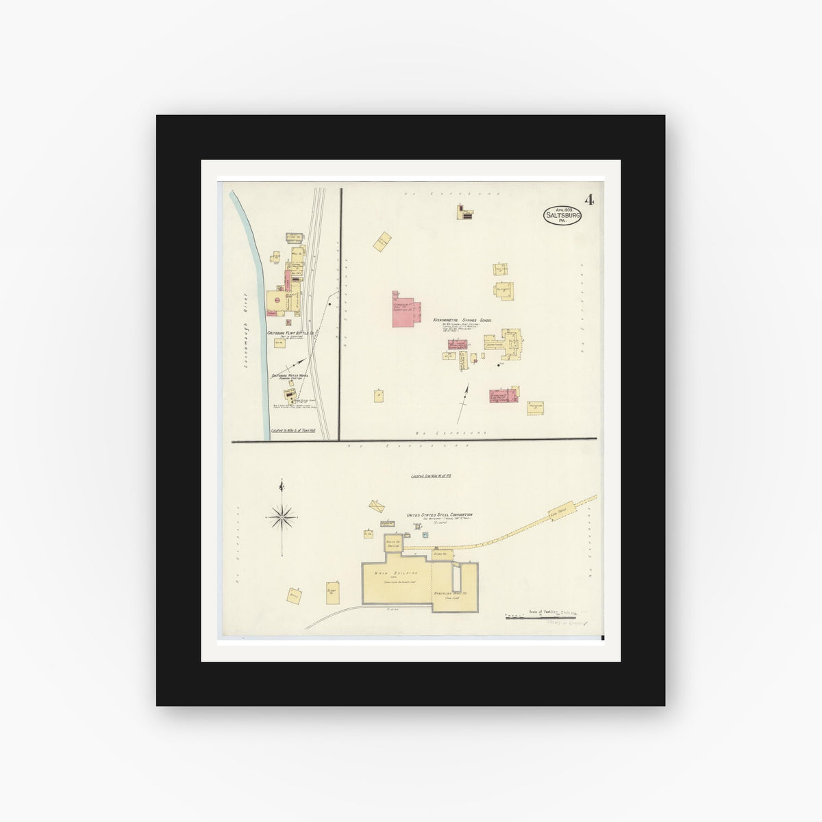 Old map wall art mockup — black gallery frame with white mat — Sanborn Fire Insurance Map from Saltsburg, Indiana County, Pennsylvania (1909), Sheet #0004