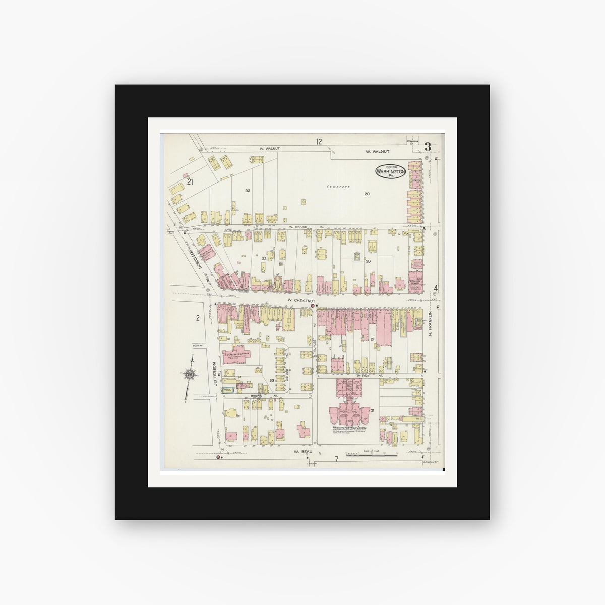 Old map wall art mockup — black gallery frame with white mat — Sanborn Fire Insurance Map from Washington, Washington County, Pennsylvania (1914), Sheet #0003