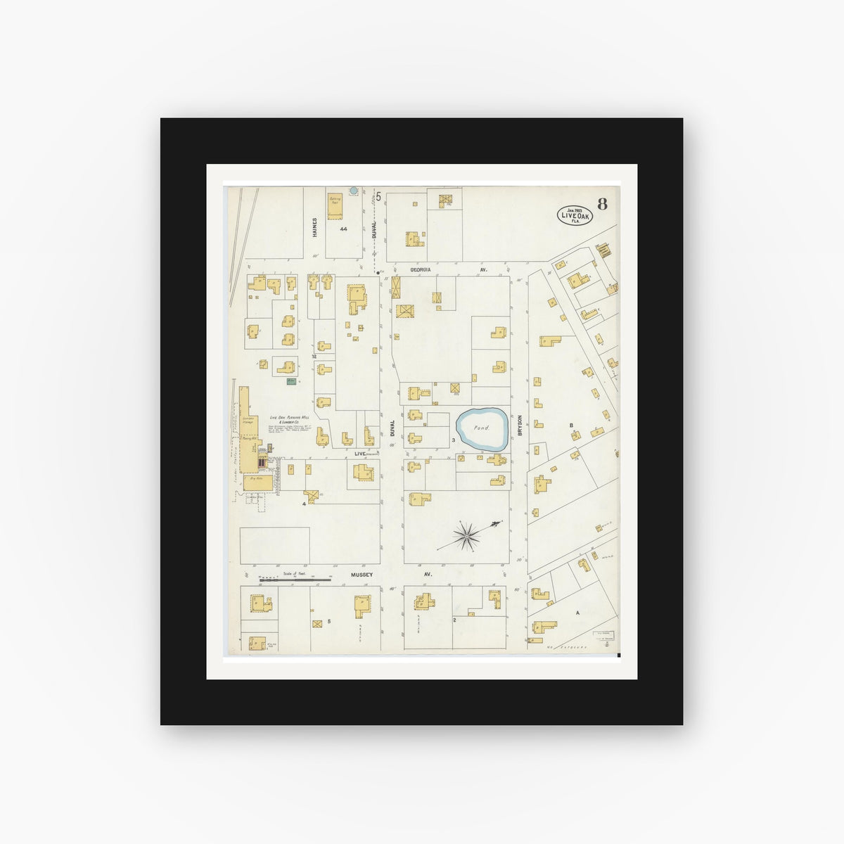 Old map wall art mockup — black gallery frame with white mat — Sanborn Fire Insurance Map from Live Oak, Suwanee County, Florida (1903), Sheet #0008