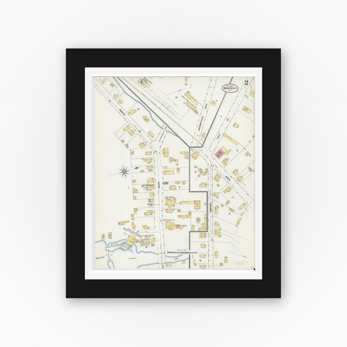 Old map wall art mockup — black gallery frame with white mat — Sanborn Fire Insurance Map from New Egypt, Ocean County, New Jersey (1905), Sheet #0002