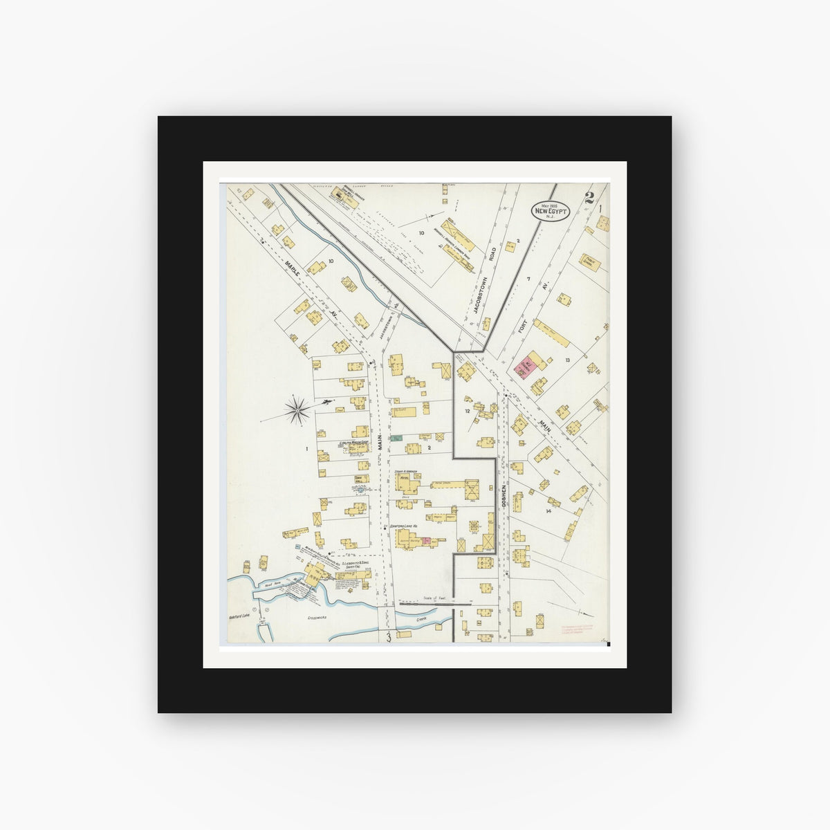 Old map wall art mockup — black gallery frame with white mat — Sanborn Fire Insurance Map from New Egypt, Ocean County, New Jersey (1905), Sheet #0002