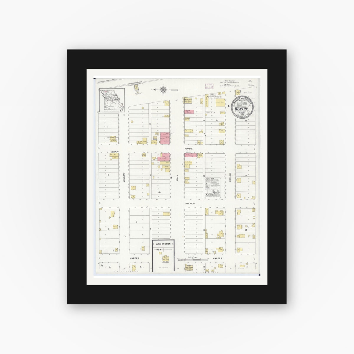 Old map wall art mockup — black gallery frame with white mat — Sanborn Fire Insurance Map from Gentry, Gentry County, Missouri (1916), Sheet #0001