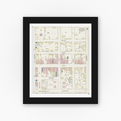 Old map wall art mockup — black gallery frame with white mat — Sanborn Fire Insurance Map from Olney, Richland County, Illinois (1886), Sheet #0003