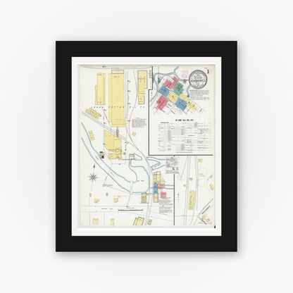 Old map wall art mockup — black gallery frame with white mat — Sanborn Fire Insurance Map from New Braunfels, Comal County, Texas (1907), Sheet #0001