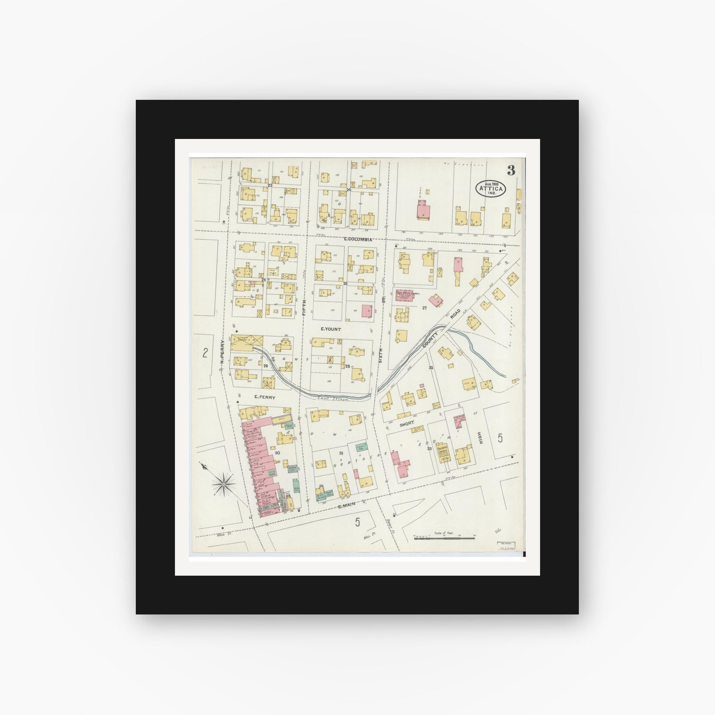Old map wall art mockup — black gallery frame with white mat — Sanborn Fire Insurance Map from Attica, Fountain County, Indiana (1905), Sheet #0003