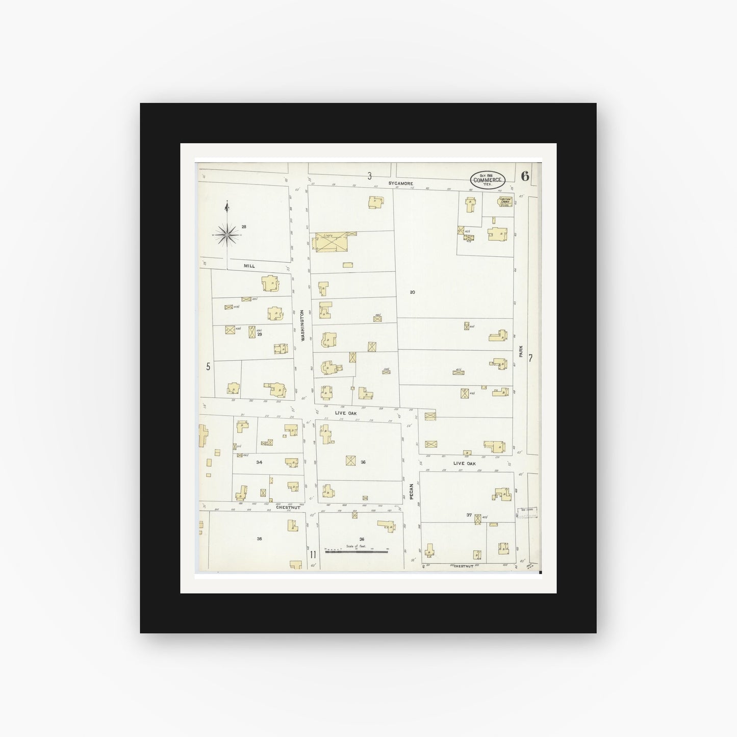 Old map wall art mockup — black gallery frame with white mat — Sanborn Fire Insurance Map from Commerce, Hunt County, Texas (1906), Sheet #0006