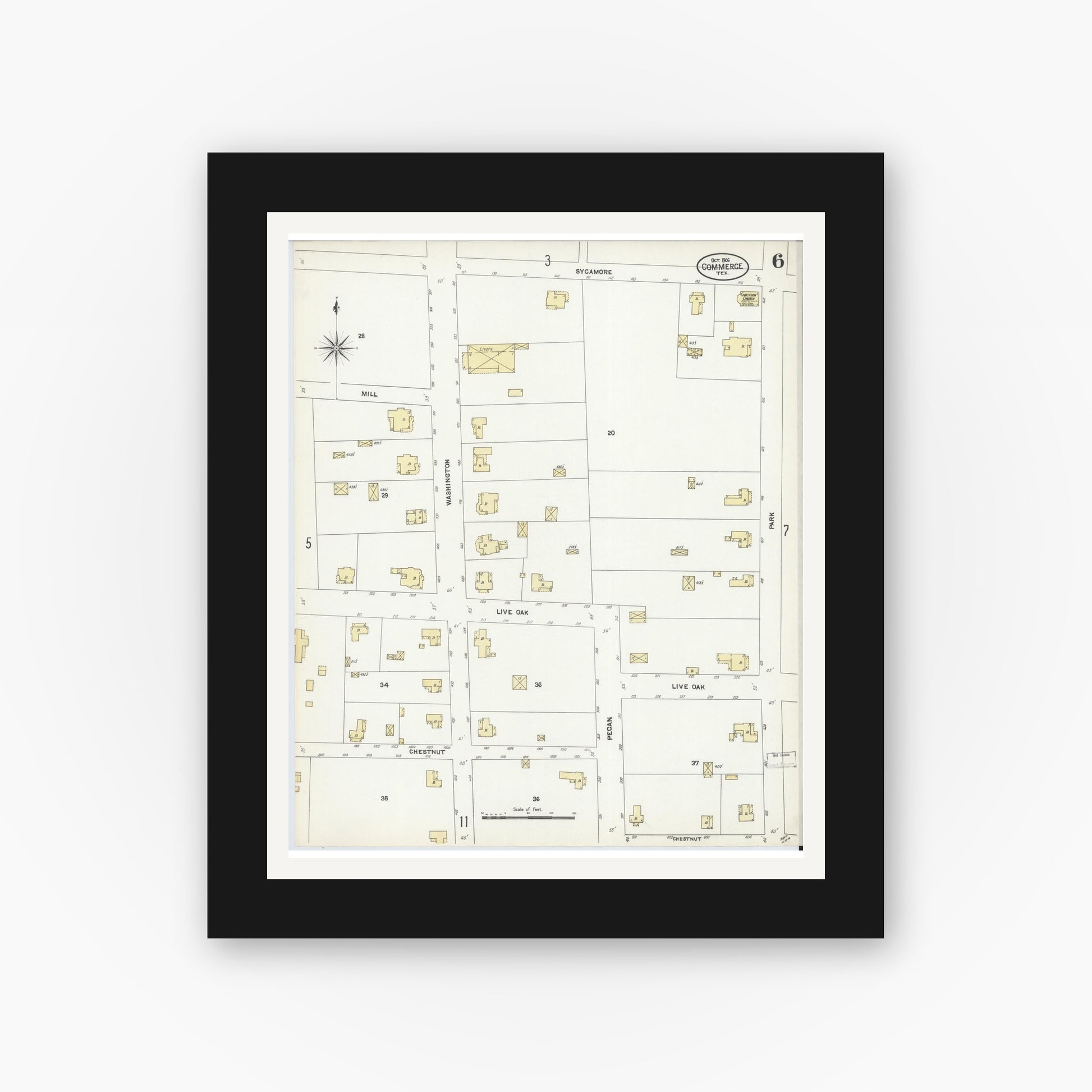 Old map wall art mockup — black gallery frame with white mat — Sanborn Fire Insurance Map from Commerce, Hunt County, Texas (1906), Sheet #0006