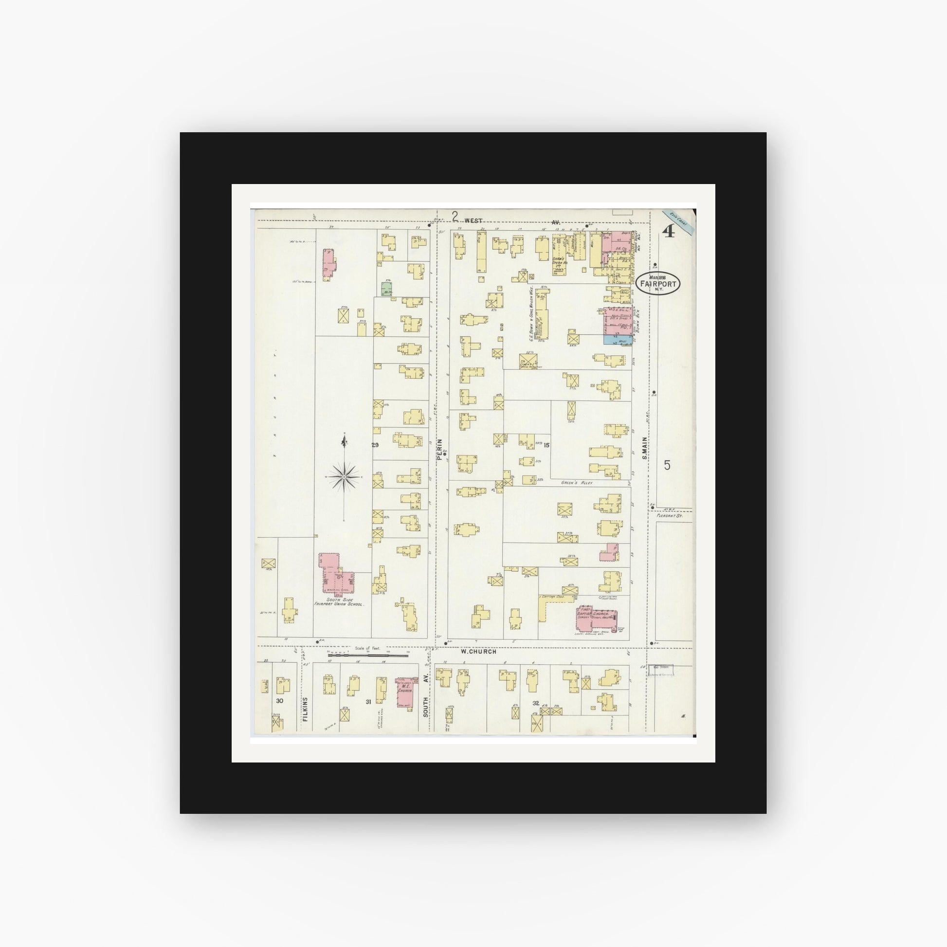 Old map wall art mockup — black gallery frame with white mat — Sanborn Fire Insurance Map from Fairport, Monroe County, New York (1898), Sheet #0004