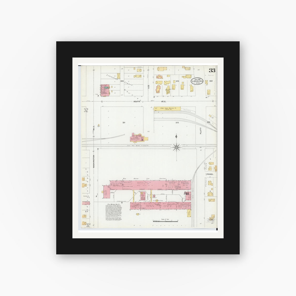 Old map wall art mockup — black gallery frame with white mat — Sanborn Fire Insurance Map from Lansing, Ingham County, Michigan (1906), Sheet #0033