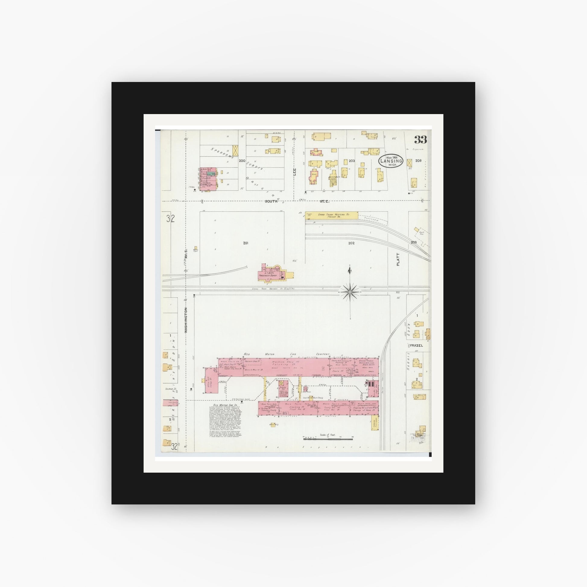 Old map wall art mockup — black gallery frame with white mat — Sanborn Fire Insurance Map from Lansing, Ingham County, Michigan (1906), Sheet #0033
