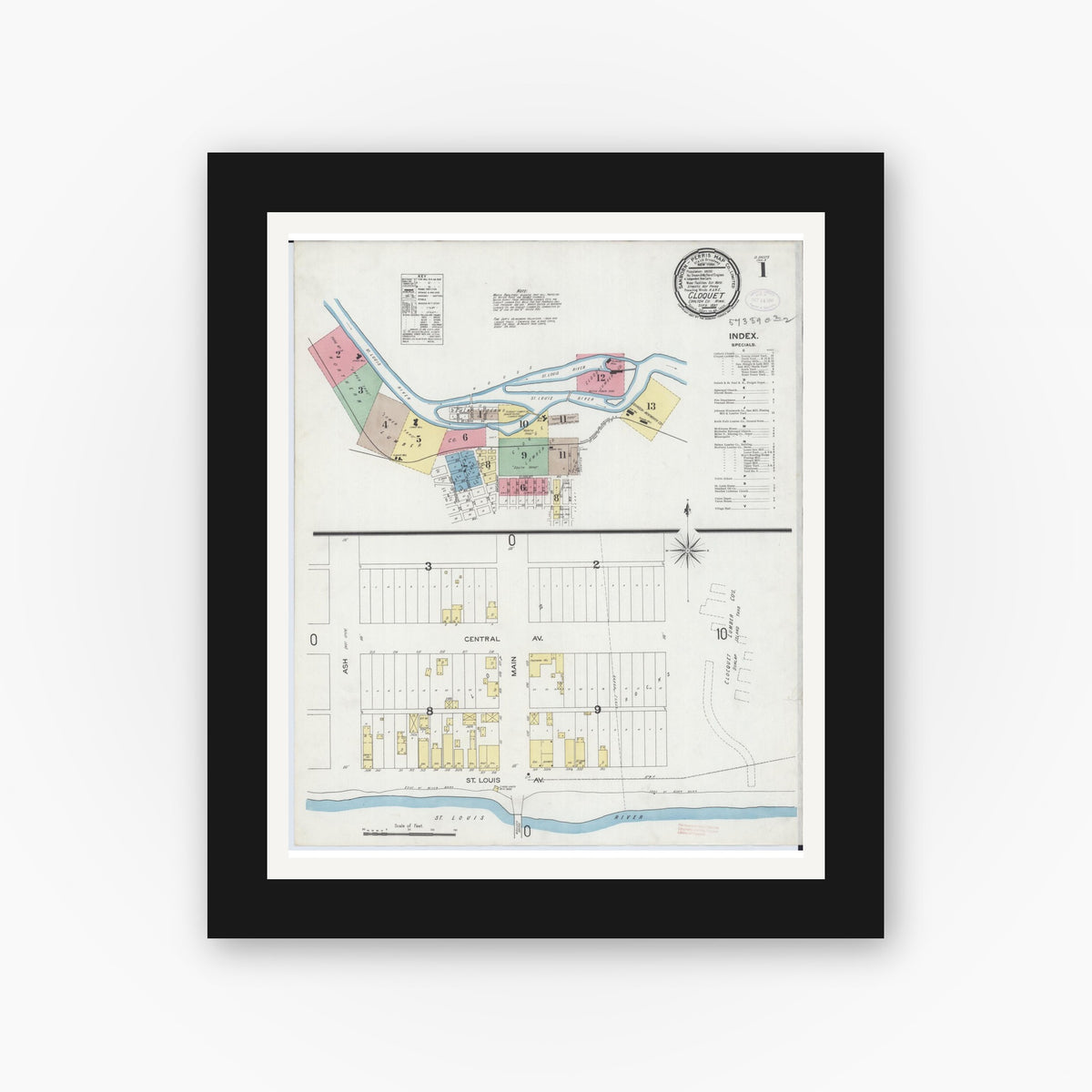 Old map wall art mockup — black gallery frame with white mat — Sanborn Fire Insurance Map from Cloquet, Carlton County, Minnesota (1897) - Complete Map Set