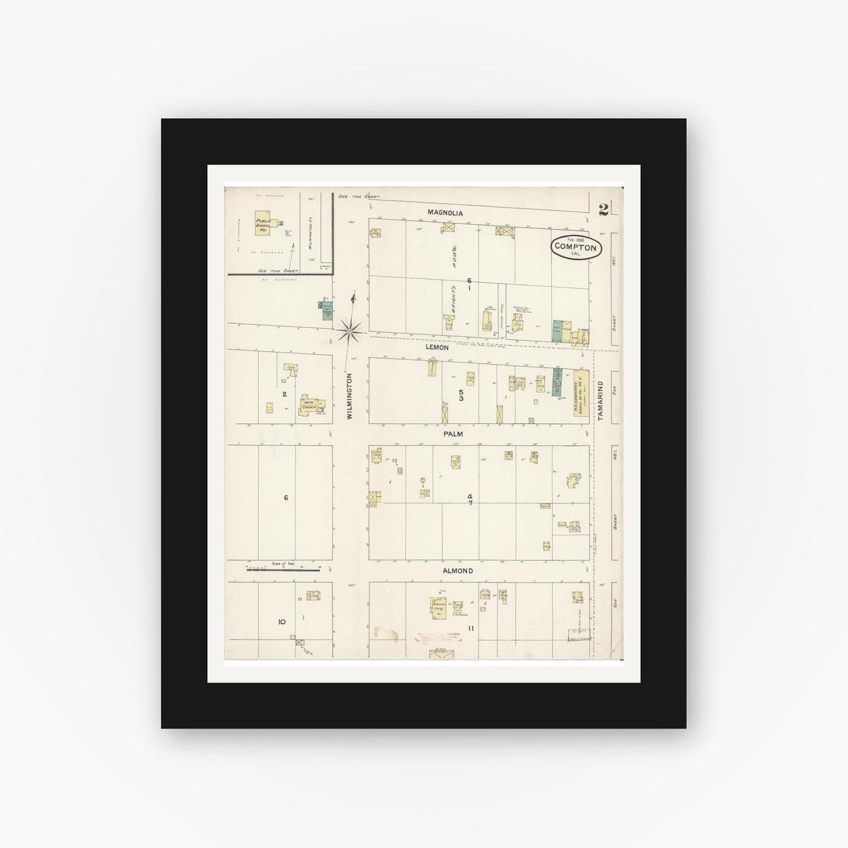 Old map wall art mockup — black gallery frame with white mat — Sanborn Fire Insurance Map from Compton, Los Angeles County, California (1888), Sheet #0002