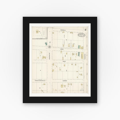 Old map wall art mockup — black gallery frame with white mat — Sanborn Fire Insurance Map from Compton, Los Angeles County, California (1888), Sheet #0002