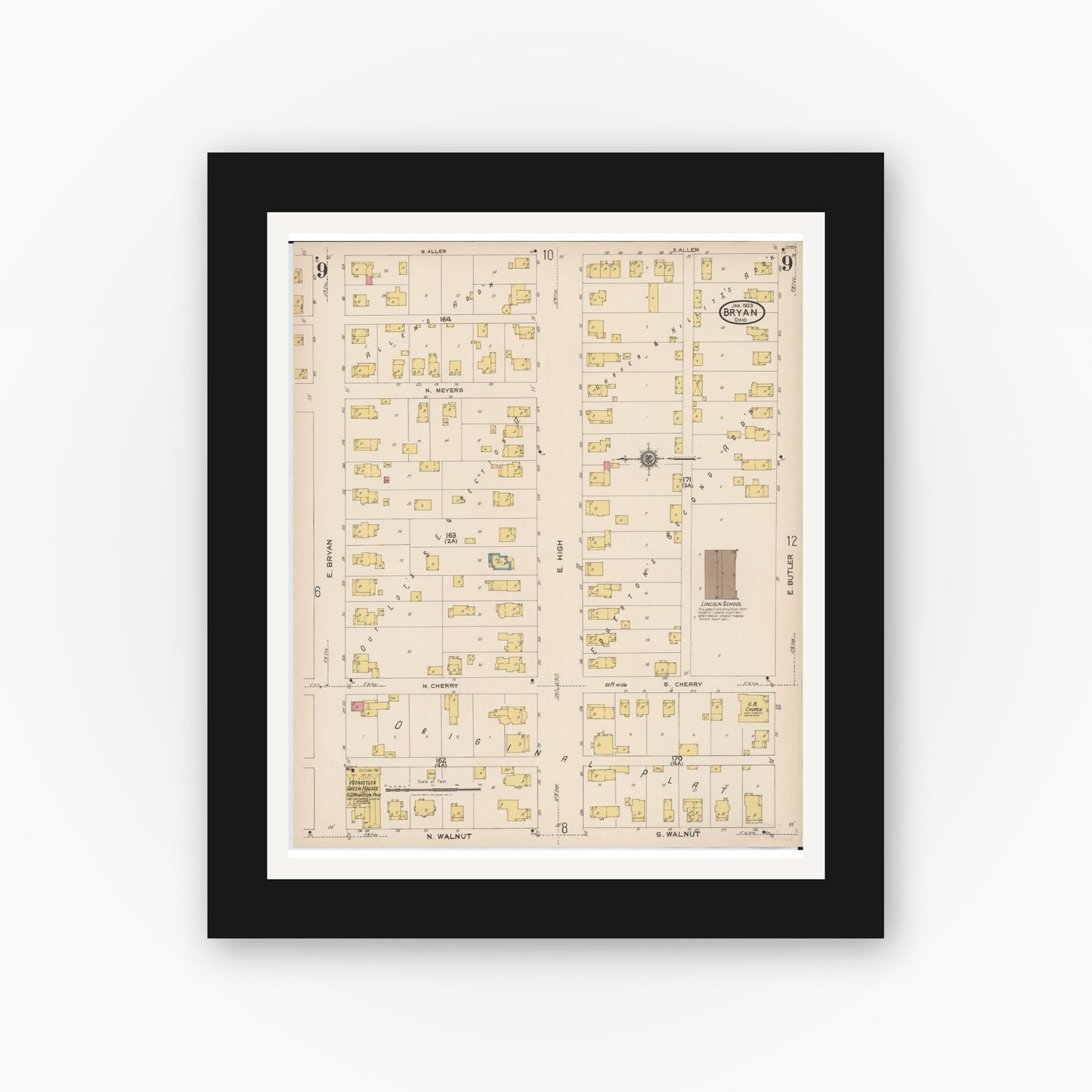 Old map wall art mockup — black gallery frame with white mat — Sanborn Fire Insurance Map from Bryan, Williams County, Ohio (1923), Sheet #0009