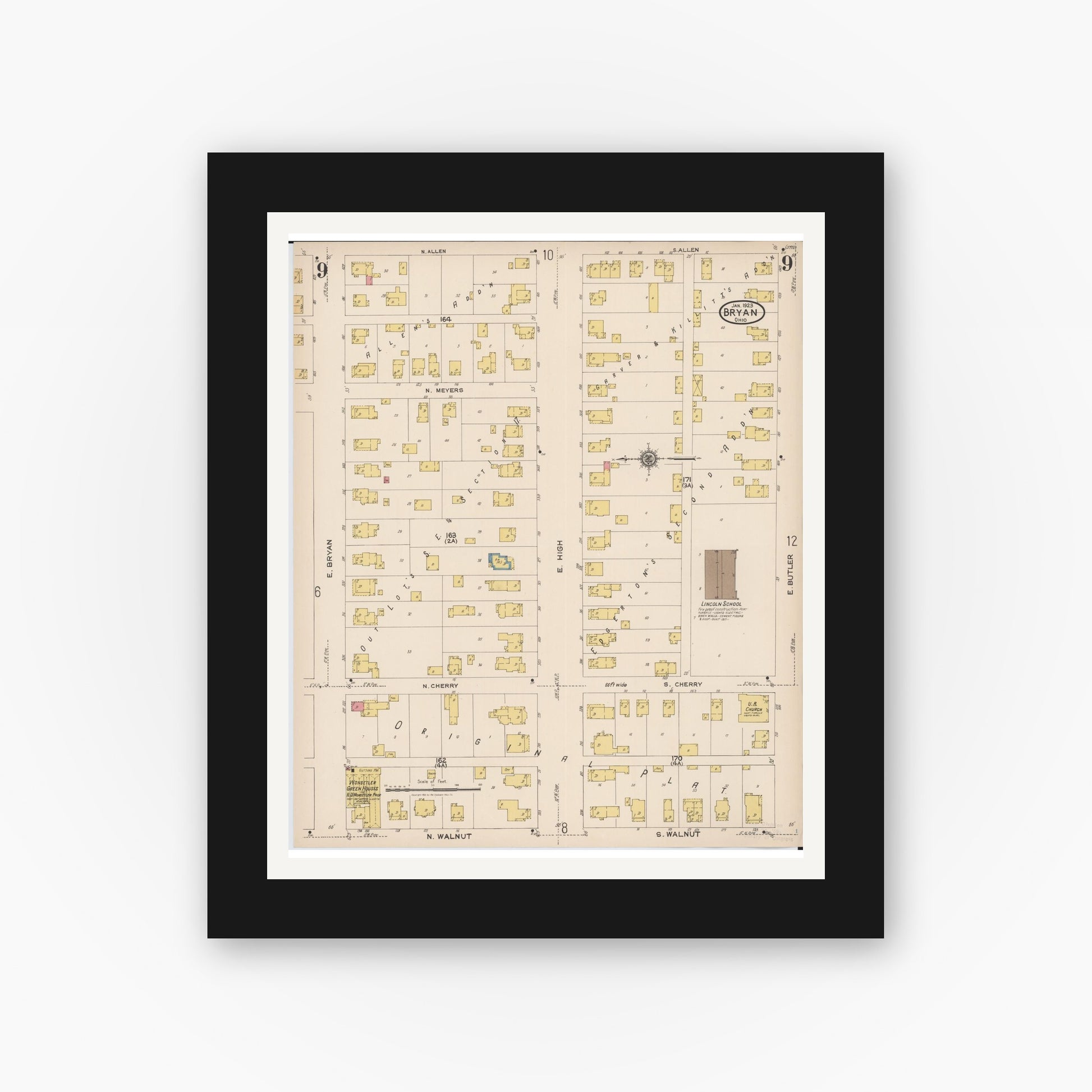Old map wall art mockup — black gallery frame with white mat — Sanborn Fire Insurance Map from Bryan, Williams County, Ohio (1923), Sheet #0009