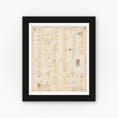 Old map wall art mockup — black gallery frame with white mat — Sanborn Fire Insurance Map from Bryan, Williams County, Ohio (1923), Sheet #0009