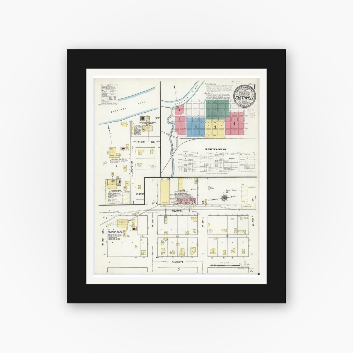 Old map wall art mockup — black gallery frame with white mat — Sanborn Fire Insurance Map from Smithville, Bastrop County, Texas (1909), Sheet #0001