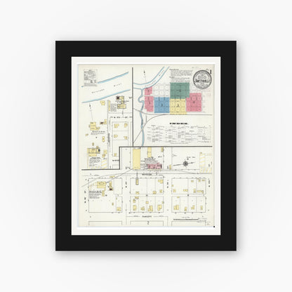 Old map wall art mockup — black gallery frame with white mat — Sanborn Fire Insurance Map from Smithville, Bastrop County, Texas (1909), Sheet #0001