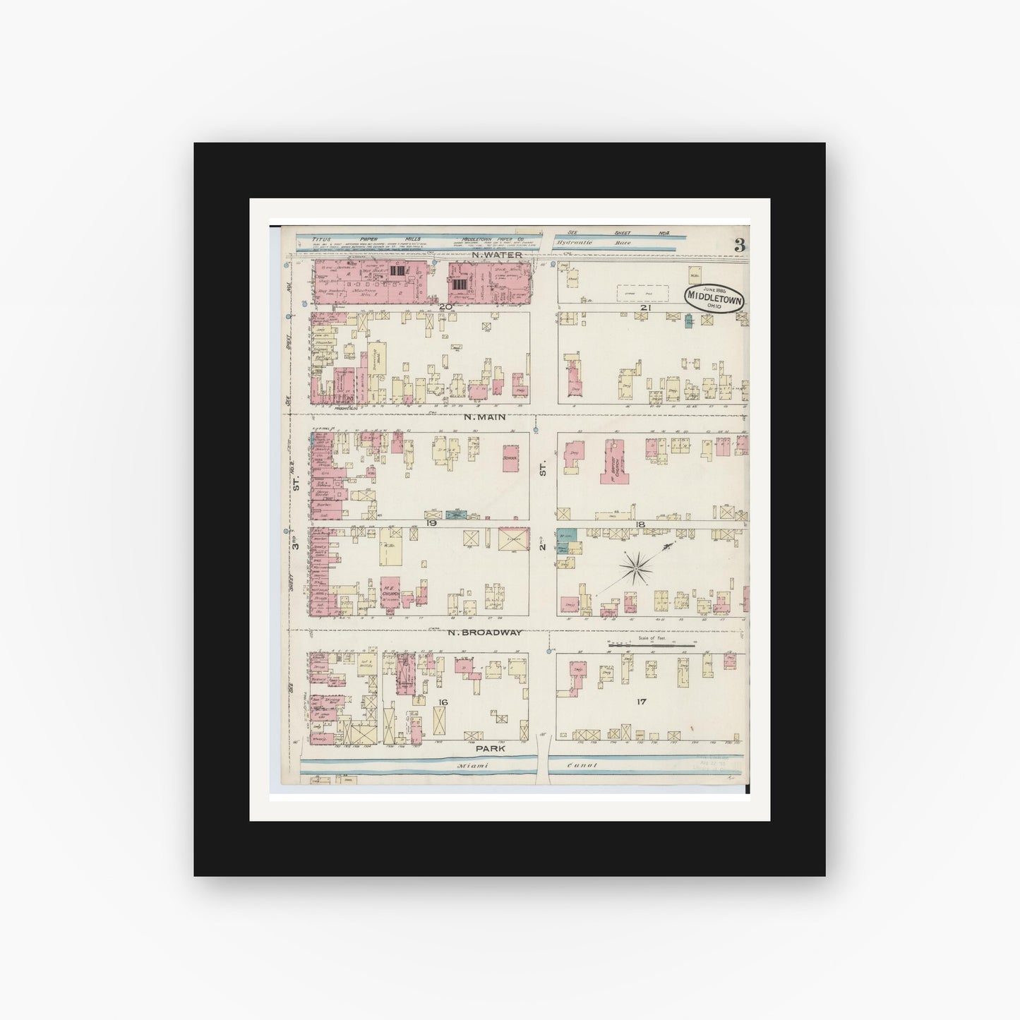 Old map wall art mockup — black gallery frame with white mat — Sanborn Fire Insurance Map from Middletown, Butler County, Ohio (1885), Sheet #0003