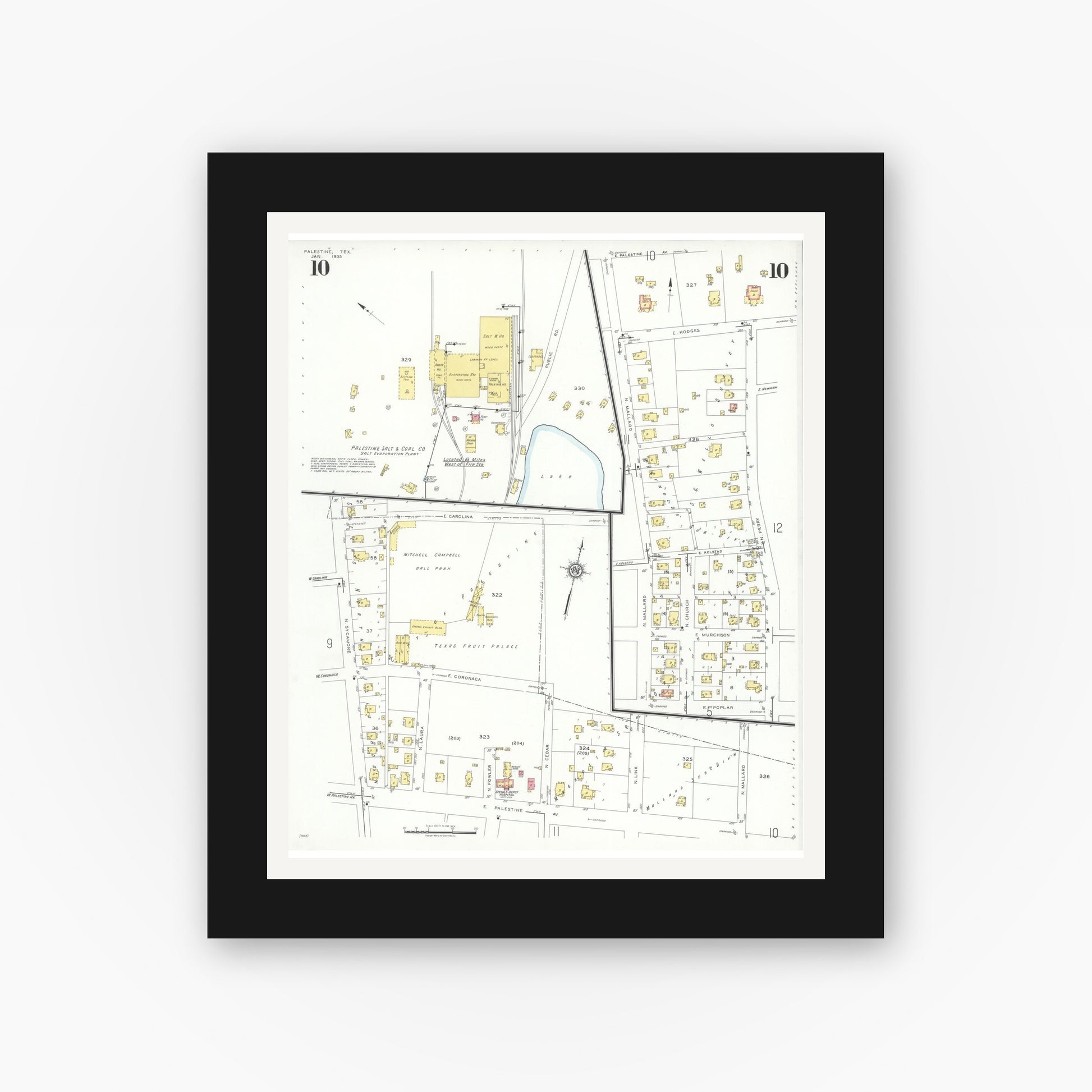 Old map wall art mockup — black gallery frame with white mat — Sanborn Fire Insurance Map from Palestine, Anderson County, Texas (1935), Sheet #0010