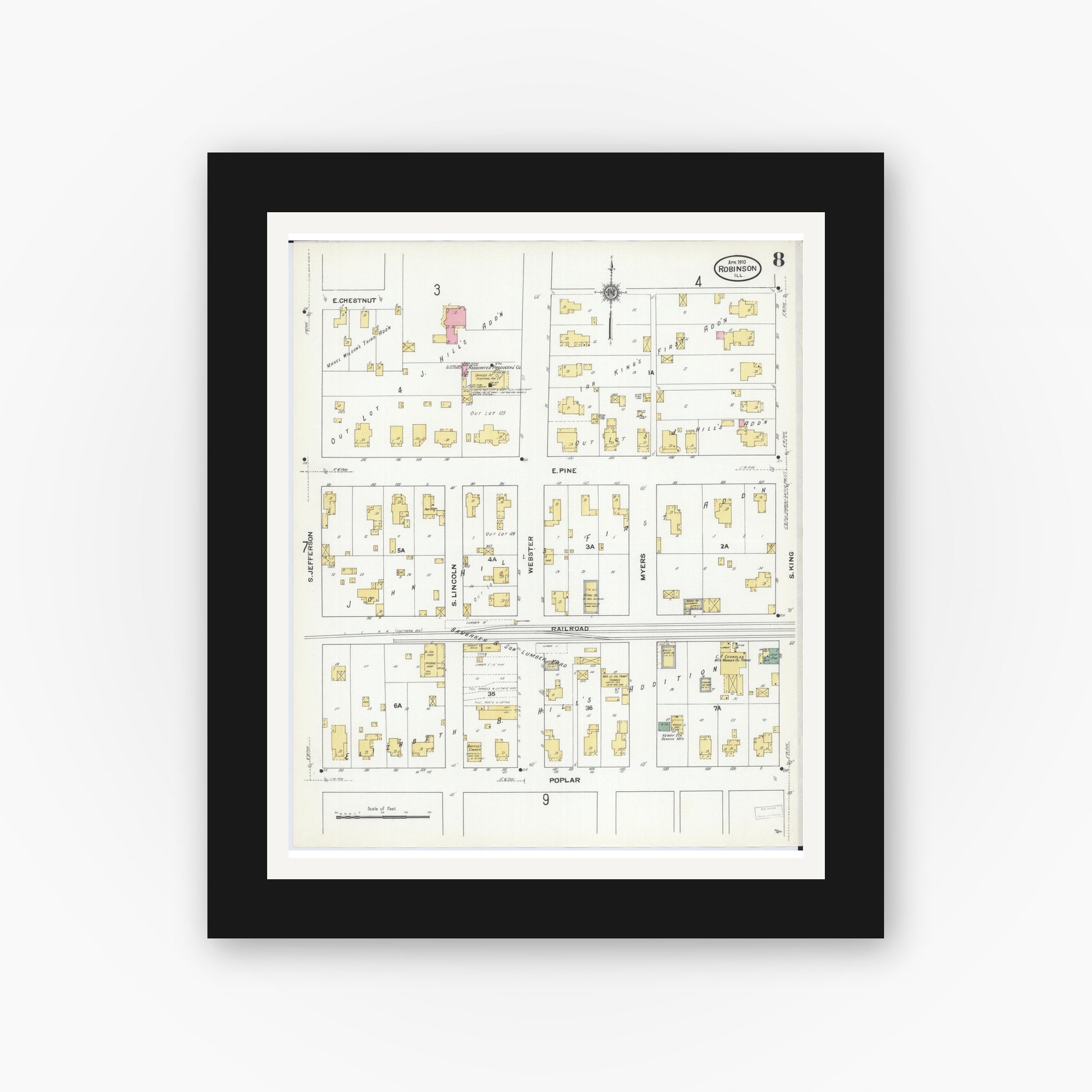 Old map wall art mockup — black gallery frame with white mat — Sanborn Fire Insurance Map from Robinson, Crawford County, Illinois (1910), Sheet #0008