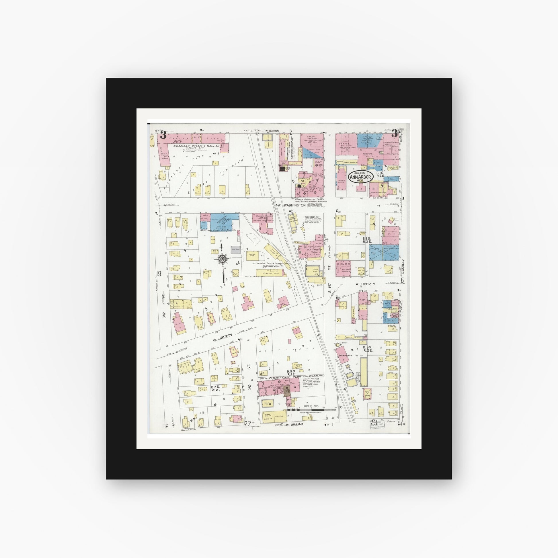 Old map wall art mockup — black gallery frame with white mat — Sanborn Fire Insurance Map from Ann Arbor, Washtenaw County, Michigan (1925), Sheet #0003